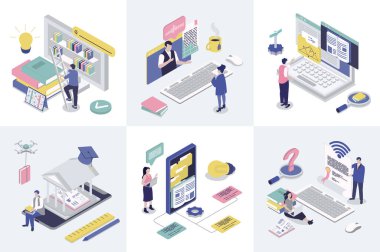 İnternet tasarımı için çevrimiçi eğitim 3d izometri kavramı. Okulda, üniversitede ya da üniversitede uzaktan eğitim gören, dijital kitaplar okuyan izometrik insanların derlemesi. Vektör illüstrasyonu.