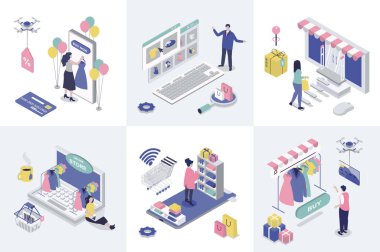 İnternet tasarımı için çevrimiçi alışveriş 3d izometri kavramı. İzometrik insanların, mağaza sayfalarında yeni ürünler sipariş ettiği, uygulamalardaki ödemelerle internet alışverişi yaptığı bir koleksiyon. Vektör illüstrasyonu.