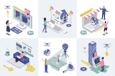 Web tasarımı için emlak 3D izometri kavramı. Yeni ev arayan izometrik insanların olduğu bir koleksiyon seti, mülk satın alma, daire kiralama, inşaat evleri, müşteriler için ipotek. Vektör illüstrasyonu.
