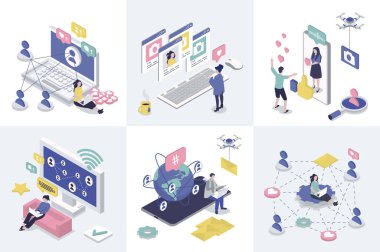 Web tasarımı için sosyal ağ 3d izometri kavramı. Çevrimiçi iletişim kuran, arkadaşlarla sohbet eden, yorumları, beğeni ve paylaşımları paylaşan izometrik kişilerden oluşan bir koleksiyon seti. Vektör illüstrasyonu.