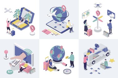 Web tasarımı için 3D izometri konsepti. İzometrik kişilerden oluşan koleksiyon çevrimiçi uçuş biletleri, küresel turizm, araba tatili, deniz tatil beldesi yaz gezisi. Vektör illüstrasyonu.