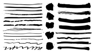 Siyah fırça darbeleri seti. Boya fırçası lekeleri, karalama çizgileri ve uzun çizgiler, mürekkep lekeli dikdörtgen lekeler. Akrilik kaba sınırlar. Vektör illüstrasyonu.