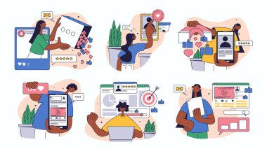 Web tasarımı için sosyal medya etkisi konsepti ayarlandı. Bloglar geliştiren, reklam gönderileri yapan, takipçileri çeken insanlarla koleksiyon yapmak, daha fazlası. Düz vektör çizimi beyaz arkaplanda izole edildi.