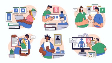 Web tasarımı için tıbbi teknoloji konsepti ayarlandı. İnsanların online eczane siparişi, doktor muayenesi, hasta terapisi, daha fazlası. Düz vektör çizimi beyaz arkaplanda izole edildi.