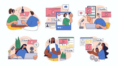 Web tasarımı için video ve podcast konsepti. Çevrimiçi yayın yapan insanların toplanması, stüdyodaki konuşmaları kaydetmek, canlı yayın, daha fazlası. Düz vektör çizimi beyaz arkaplanda izole edildi.