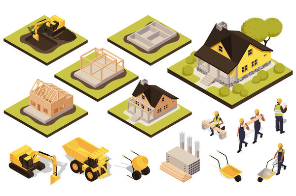 Дом 3d изометрический набор. Коллекция изолированных плоских элементов экскаватора рытье, фундамент, заливка, рама, стены, строители, доски, бетон, сваи, машины и многое другое. Векторная иллюстрация.