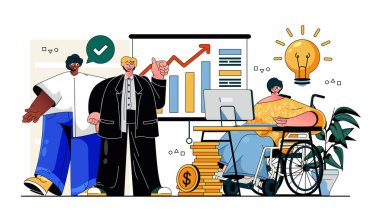 Modern web tasarımı için iş karar verme kavramı. İnsanlar araştırıyor, ofiste plan yapıyor, patronluk taslıyor, iş arkadaşlarıyla hedefleri analiz ediyor. Düz vektör çizimi beyaz arkaplanda izole edildi.