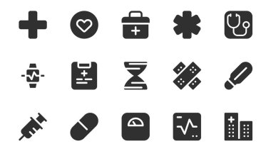 Sağlık ve ilaç sembolleri web tasarımı için paketlenmiştir. Haç, kalp, ilk yardım çantası, eczane, steteskop, hasta kaydı, alçı, termometre ve daha fazla piktogram içeren katı bir ikon seti. Vektör illüstrasyonu.