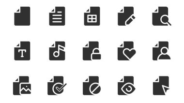 Web tasarımı için dosya simgeleri paketlenir. Metni ya da tablosu, sözleşmesi, daktilo, arama, güvenlik kilidi, onayı, düşüşü ve daha fazla resim içeren sağlam simge seti. Vektör illüstrasyonu.