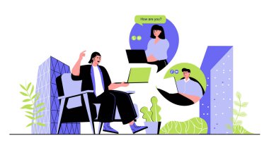 Modern web tasarımı için video konferans konsepti. Zoom 'daki arkadaşlarla iletişim kuran, evdeki laptopla online arama yapan insanlar. Düz vektör çizimi beyaz arkaplanda izole edildi.