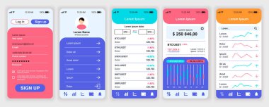 Kripto para birimi mobil uygulama arayüz şablonları ayarlandı. Telefon ekranı, hesap, para dengesi ticaret verileri, istatistik çizelgesi olan web tasarım kiti. Bir paket UI, UX, uygulama için GUI ekranları. Vektör tasarımı.