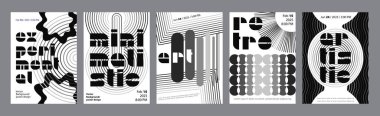 Soyut modern monokrom poster şablonu. Çizgili mermiler, dinamik çizgiler, yarım tonlu kareler, basit çiçek şekilli pankartlar. Siyah ve beyaz kapak tasarımı. Vektör illüstrasyonu.