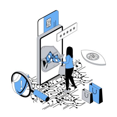 Mobil bankacılık 3d izometrik konsept ile izometri insanları web için tasarlandı. Kadın kişisel mali hesabı yönetiyor, şifreye erişim sağlıyor, kredi kartıyla internet üzerinden ödeme yapıyor. Vektör illüstrasyonu