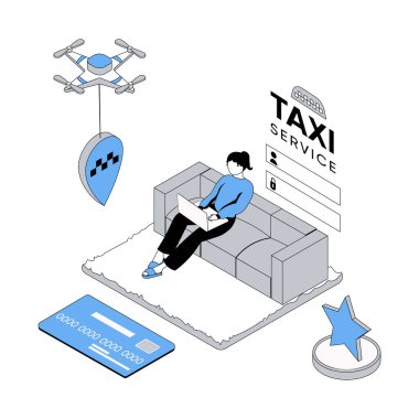 İzometri insanların web için tasarladığı 3d izometrik taksi servisi konsepti. Kadın, otomobil transferi web sitesini kullanarak dizüstü bilgisayardan taksi çağırmış ve kişisel profiline giriş yapmış. Vektör illüstrasyonu