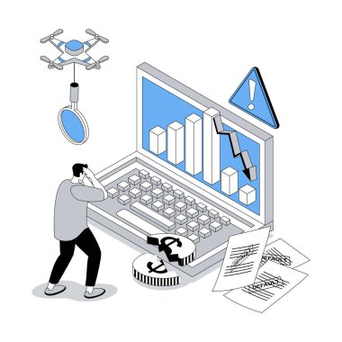 İşsizlik ve kriz 3 boyutlu izometrik konsept ile izometri insanları web için tasarlandı. Hüzünlü adam tüm parasını kaybediyor, düşen trentle birlikte grafikler elde ediyor, küresel ekonomik durgunlukla karşı karşıya. Vektör illüstrasyonu