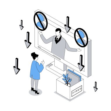 İşsizlik ve kriz 3 boyutlu izometrik konsept ile izometri insanları web için tasarlandı. Patron video görüşmesiyle çalışanı kovuyor, kadın işini kaybediyor, ofisi terk ediyor ve maddi sorunlar yaşıyor. Vektör illüstrasyonu