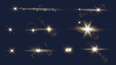 Ayrı elementlerden oluşan ışık efektleri. Parlak altın yıldızların toplanması ve turuncu mercekli kıvılcımlar, parlak sarı güneş ışığı, parıldayan güneş ışığı. Vektör illüstrasyonu.