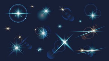 Ayrı elementlerden oluşan ışık efektleri. Mavi ve sarı yıldızların ve parıltıların toplanması, yumuşak merceklerle parlayan ışık halkası, parçacıklarla ışıldayan sihirli ışıltılar. Vektör illüstrasyonu.