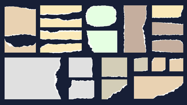 Рваная бумага набор изолированных элементов. Коллекция разорванных фрагментов, кусочки страниц, границы блокнота с грубыми поврежденными рамами, пустые рваные шаблоны для оформления альбома. Векторная иллюстрация.