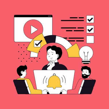 Modern web tasarımı için dijital içerik pazarlama kavramı. Veri istatistiksel analizi yapan ve yaratıcı online reklamlar planlayan, hedef alan ve hedef alan insanlar. Vektör illüstrasyonu.