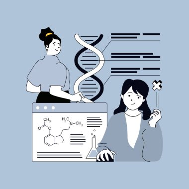 Modern web tasarımı için eğitim kavramı. Üniversitedeki kimya derslerinde okuyan insanlar, ödev yapan, biyoloji hakkında bilgi kazanan, DNA molekülü ile genetik öğrenen insanlar. Vektör illüstrasyonu.