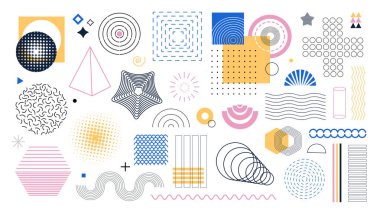 Geometrik şekiller elementler ayarlandı. Çemberlerin, kürelerin, ızgaraların, üçgenlerin, çerçevelerin, çizgili dalgaların, güneşin, yıldızın, kemerin, spiralin, çaprazın ve daha temel formların toplanması. Vektör illüstrasyonu.