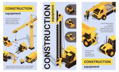 İnşaat ekipmanları izometrik dikey pankartlar ayarlandı. İnşaat alanında vinç, buldozerler, beton karıştırıcılar, traktörler, kepçeler, forkliftler ve diğer makinelerin olduğu posterler. Vektör illüstrasyonu.