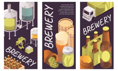Bira fabrikası izometrik dikey pankartlar kuruldu. Bira endüstrisi üretimi, mayalanma ve damıtma makineleri, içecek şişesi ve cam, kamyon dağıtımı afişleri. Vektör illüstrasyonu.