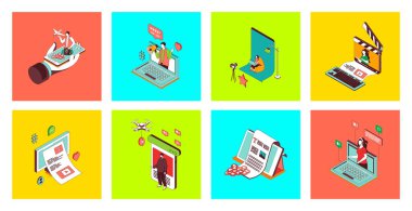 3d izometrik simgelerin blog konsepti. Video içeriği oluşturma, sosyal medyada yeni gönderiler yapma, makale yazma, seyircilerle iletişim kurma, takipçileri çekme. Vektör illüstrasyonu.