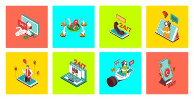 Müşteri desteği konsepti 3D izometrik simgeler ayarlandı. Çevrimiçi yardım ve yardım paketleri, teknik merkezi arayan müşteriler, soruları cevaplayan operatörler, şirket bilgileri. Vektör illüstrasyonu.