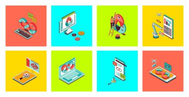 DevOps konsepti 3D izometrik simgeler seti. Çevik geliştirme, ürün döngüleri, programlama, aşamalar oluşturma ve serbest bırakma, çalışma organizasyonu. Vektör illüstrasyonu.