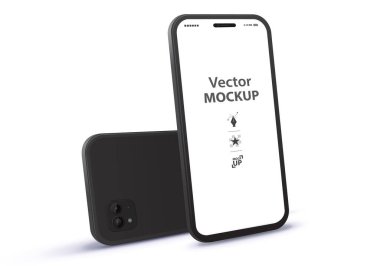 Ön ve Arka Perspektif Görünümlü Siyah Cep Telefonu Vektör Mockup. Beyaz arkaplanda boş ekran akıllı telefon çizimi izole edildi. 