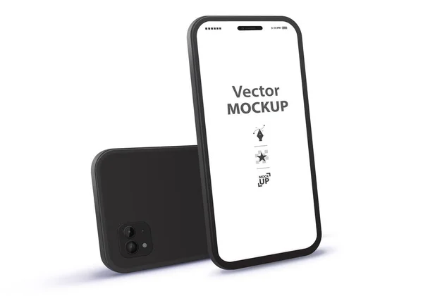 Ön ve Arka Perspektif Görünümlü Siyah Cep Telefonu Vektör Mockup. Beyaz arkaplanda boş ekran akıllı telefon çizimi izole edildi. 