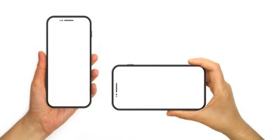 El ele tutuşan cep telefonu modeli. Beyaz arkaplanda boş akıllı telefon ekranları var. Dosya kolay düzenleme için yolları kırpmayı içeriyor. 