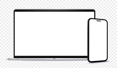 Laptop Bilgisayar ve Cep Telefonu Mockup. Saydam arkaplan ile dijital aygıtlar ekran şablon vektör çizimi.