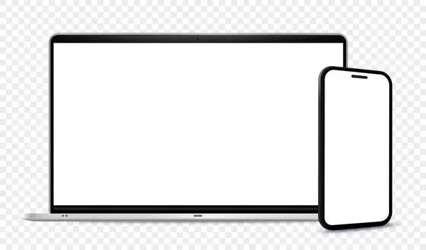 Laptop Bilgisayar ve Cep Telefonu Mockup. Saydam arkaplan ile dijital aygıtlar ekran şablon vektör çizimi.