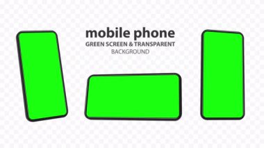 Cep telefonu animasyon seti. Yatay ve dikey akıllı telefon hareketi, yeşil ekranlı grafik modeli. Video düzenleme programları üzerinde şeffaf arkaplan için RGB ve alfa kanallarını içerir.