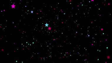 Uzay Döngüsünde Uçan Yıldızlar Animasyon Arkaplanı. Siyah arkaplan 4K Video üzerinde renkli yıldız şekilleri.