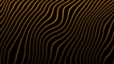 Siyah arkaplanda hareket eden altın rengi soyut dalgalı çizgiler. Canlandırılmış neon parlayan çizgiler ve dipsiz döngülü yavaş çekim arkaplanı.