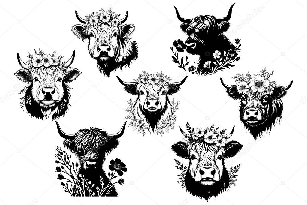 Floral highland cow silhouettes set, highland cow head, silhouette cow head, horse logo, file for cricut, vector illustration