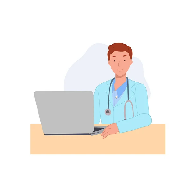 Médico Masculino Está Trabalhando Uma Sala Com Laptop Ilustração Personagem — Vetor de Stock