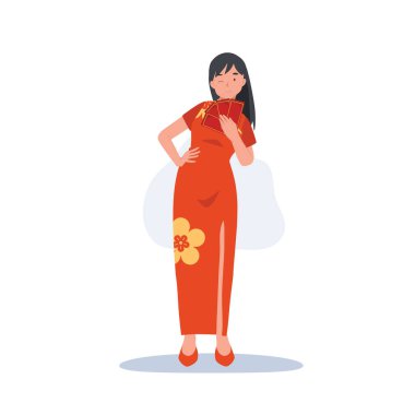 Çin Yeni Yıl konsepti. Geleneksel Çin elbisesi giymiş kırmızı zarflı bir kadın. Düz vektör çizgi film karakteri çizimi.