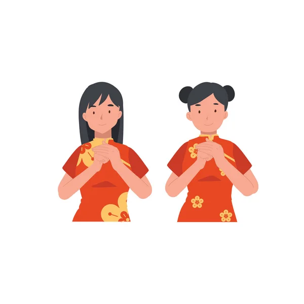 Konsep Tahun Baru Cina Wanita Berpakaian Tradisional Cina Memberi Hormat - Stok Vektor