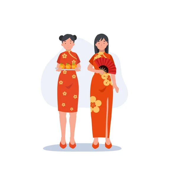Китайская Новогодняя Концепция Женщина Китайском Традиционном Платье Держит Оранжевый Вентилятор — стоковый вектор