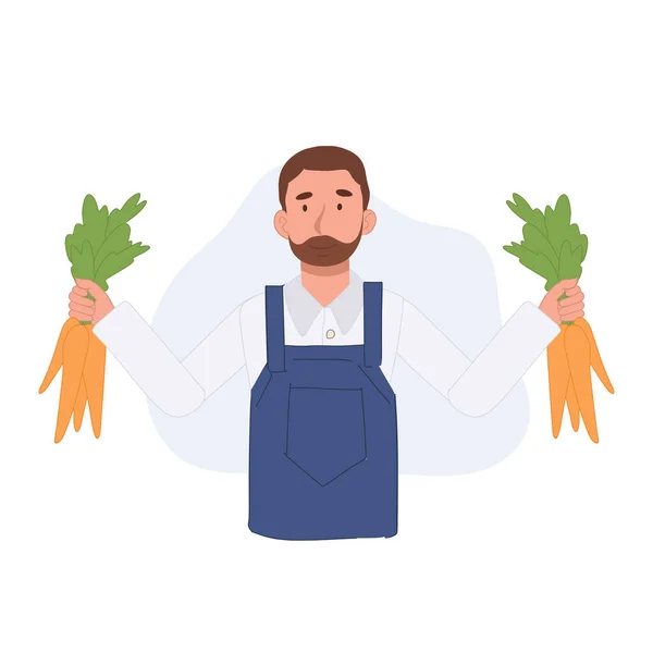 stock vector male farmer Harvesting carrot vegetables.Picking carrot.Picking vegetable. Holding carrots in both hands. Flat vector cartoon character illustration.