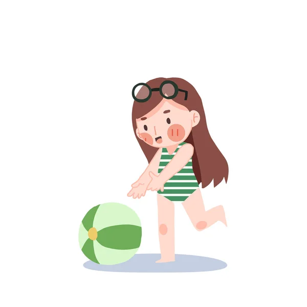 Beach Summer Concept Happy Cute Kawaii Girl Swimming Suit Sticker — Stock Vector