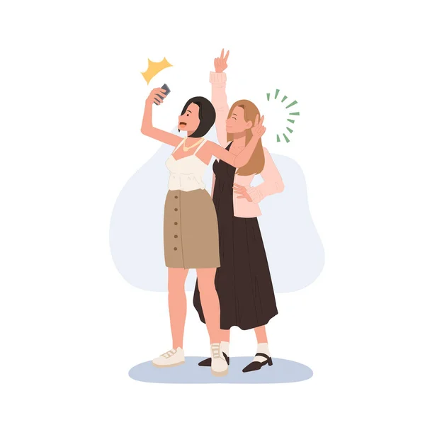 Happy Smiling Young Women Friends Taking Selfie Best Friend Concept — Stock Vector
