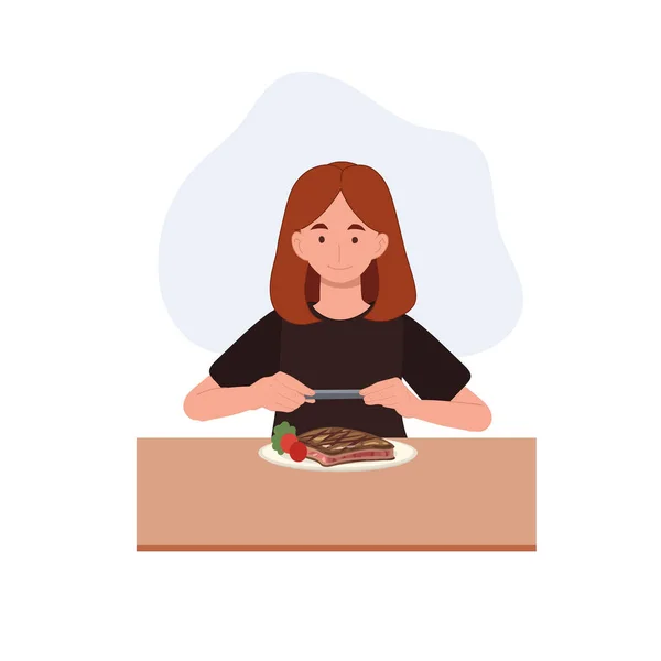 Glückliche Frau Beim Fotografieren Ihres Essens Flacher Vektor Zeichentrickfigur Illustration — Stockvektor