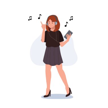 Full length Woman Wearing Headphones And Listening Music On Mobile Phone. flat Vector cartoon character illustration  clipart