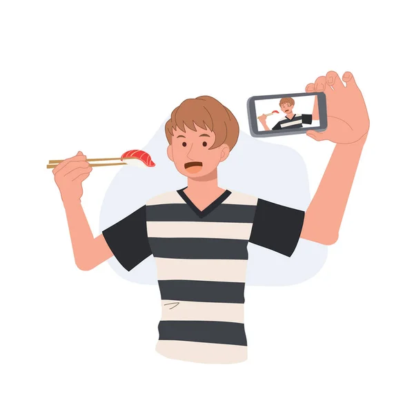 男人拿自己的东西和食物 用电话拍照 平面矢量卡通人物插图 — 图库矢量图片